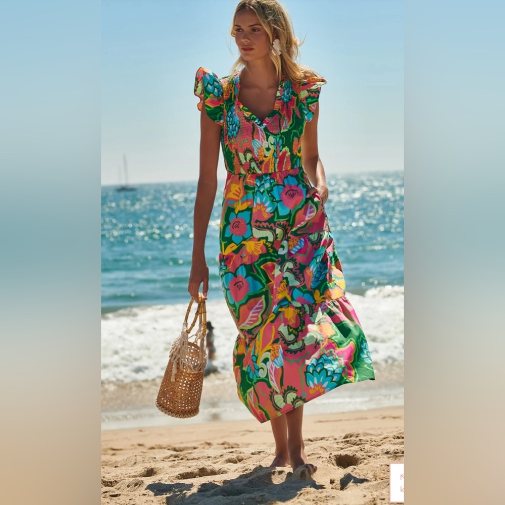 NWT Sugarlips 1X Lanai Multi Color Tropic Smocked MIDI Dress - Picture 2 of 7